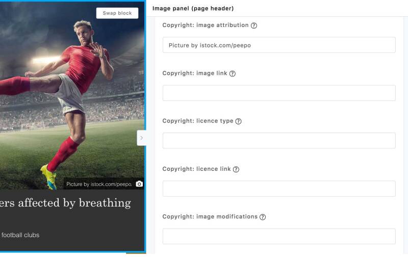 Example of image attribution fields being used in Site Editor