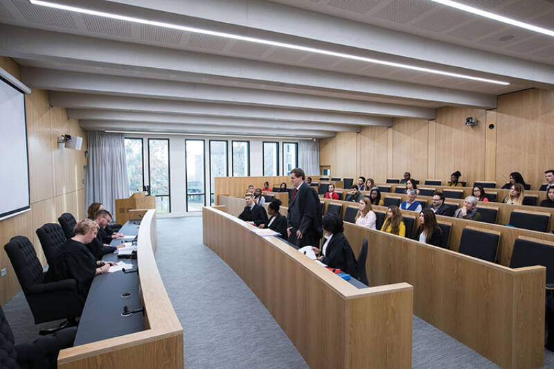 Students mooting in the Wigoder Law Building