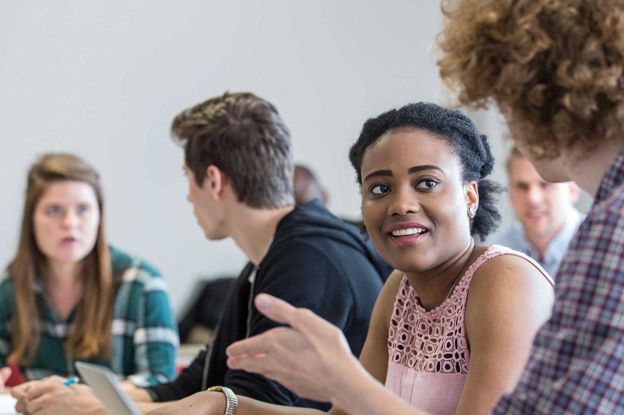 Person school. Students speaking. International student adaptation. Happy students. Studying in University.