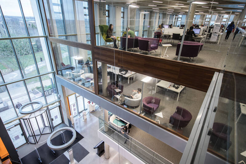 Image of Templeman library showing three floors and view