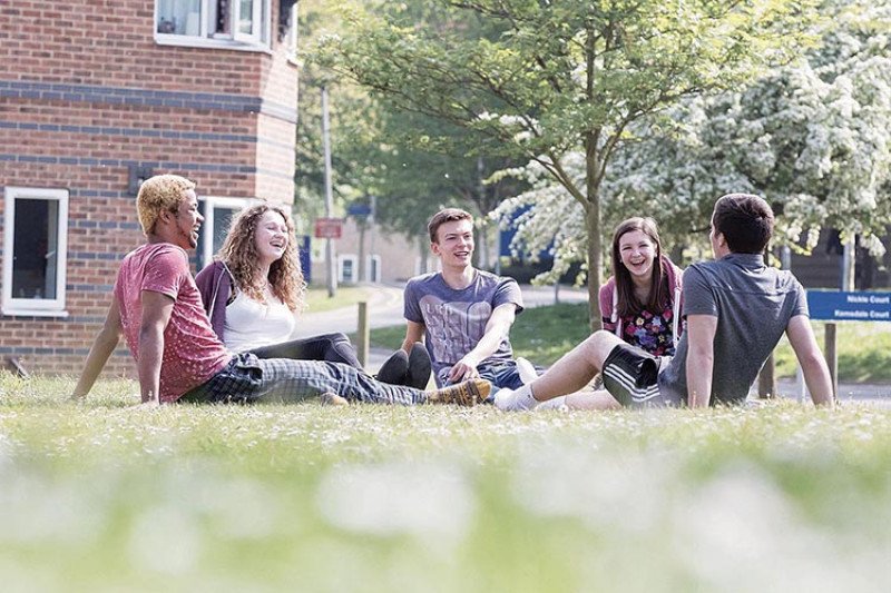 A group of students sitting on the lawn and chatting to each other..