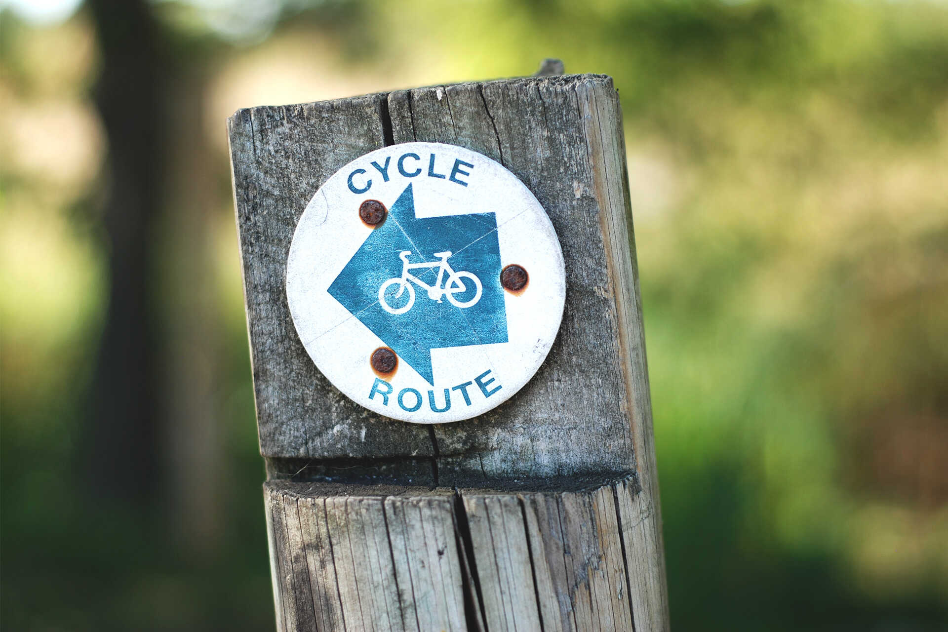 Close-up photo of cycle route sign on wooden post