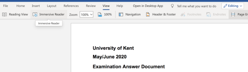 The user interface of Microsoft Word showing View tab and Immersive Reader.