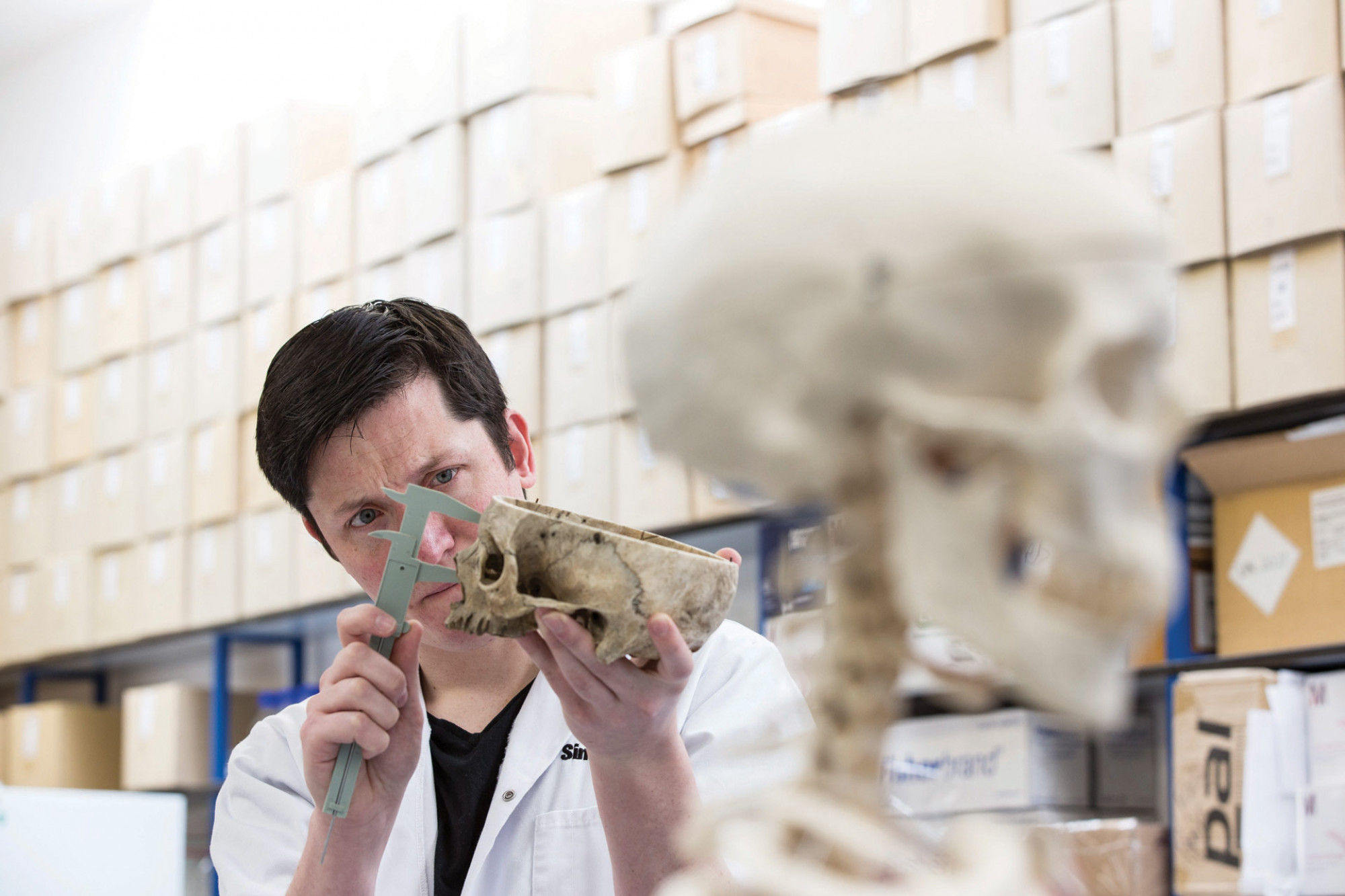 Postgraduate student measuring a skull with an interesting piece of equipment