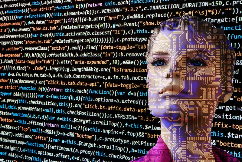 AI figure with digital code across screen