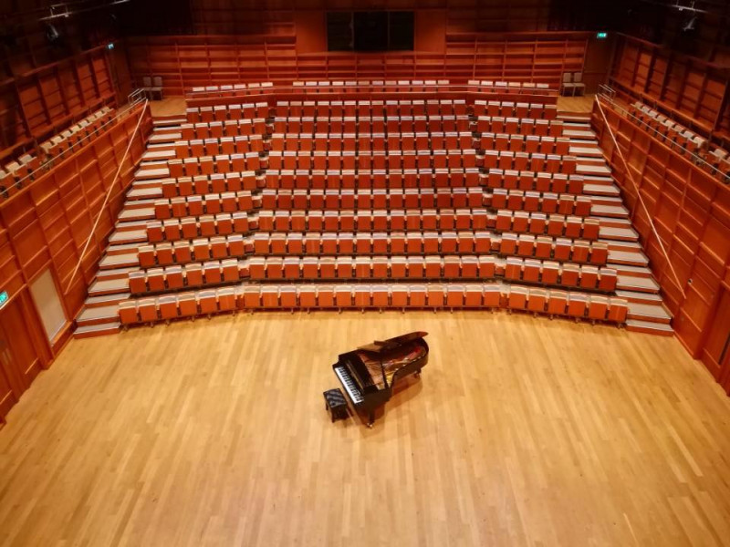 Bird's-eye view of grand piano in the concert-hall