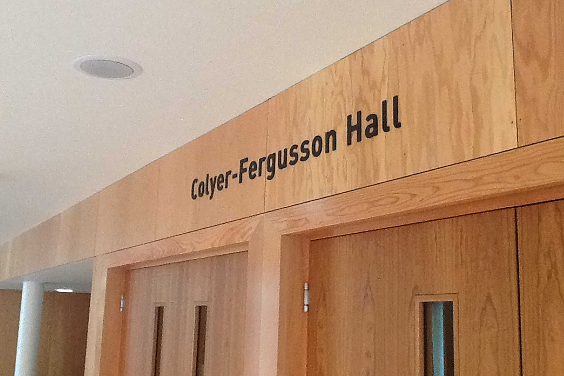 Entrance doors to Colyer-Fergusson Hall