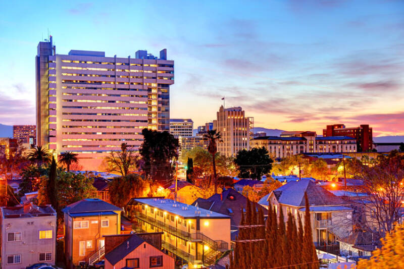 The city of San Jose, economic, cultural and political centre of Silicon Valley in the early evening