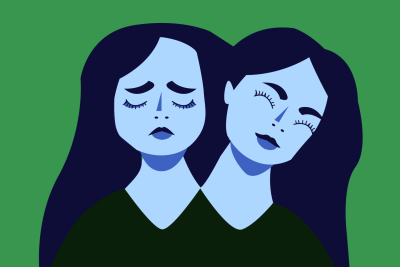 green/ blue tone cartoon icon with cartoon heads, one sad face, one happier face