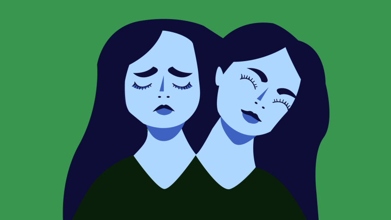 Cartoon in blue tones with a green background of two female heads, one sad and one smiling.