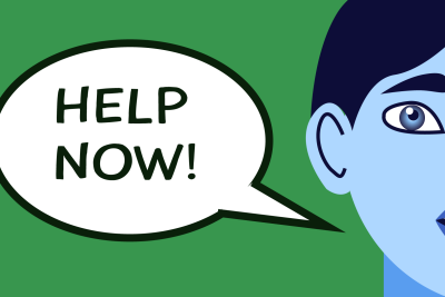 green/ blue tone cartoon icon with speech bubble saying 'help now!'