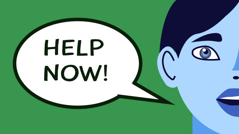 Cartoon of a 'Help Now' speech bubble, next to a face in blue tones with a green background.