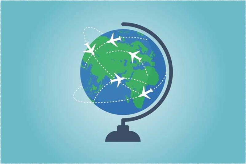Graphic of blue and green globe with aeroplanes circulating round it