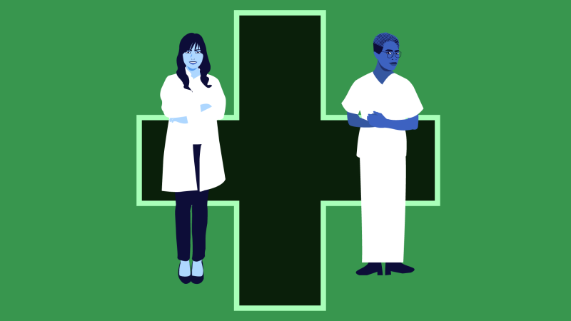 Health cross, with two cartoon medical individuals either side.