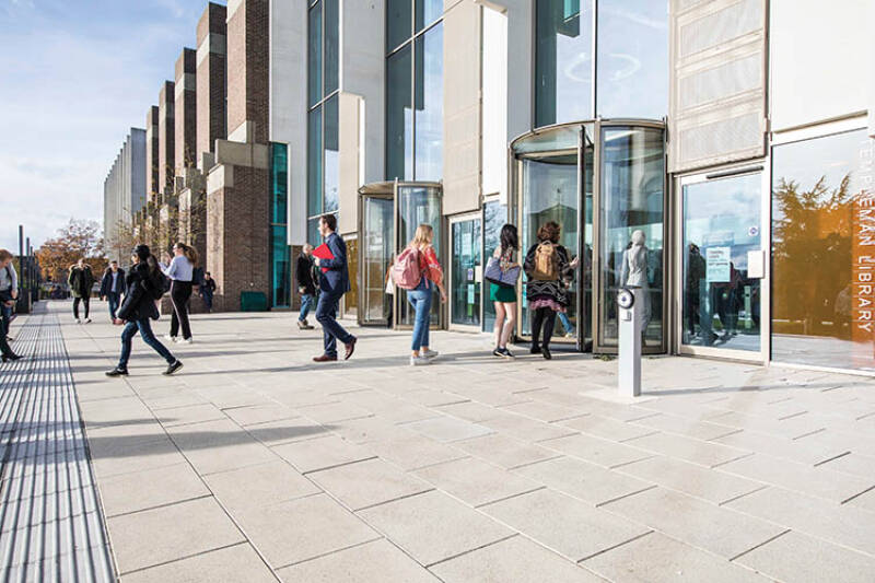Students walking into the Templeman Library