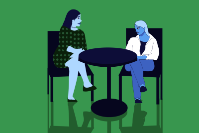 green/ blue tone cartoon icon with two people seated at a table