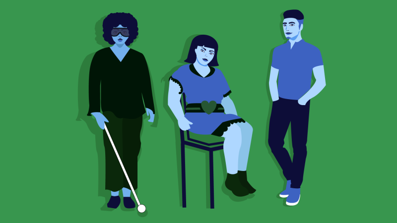 Cartoon of three people in blue tones, one person with a walking aid, one person in a wheelchair and one person standing.
