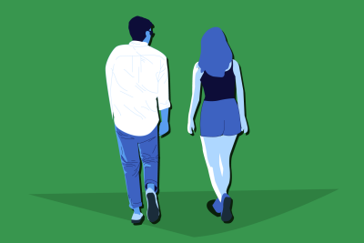 green/ blue tone cartoon icon with two people walking away