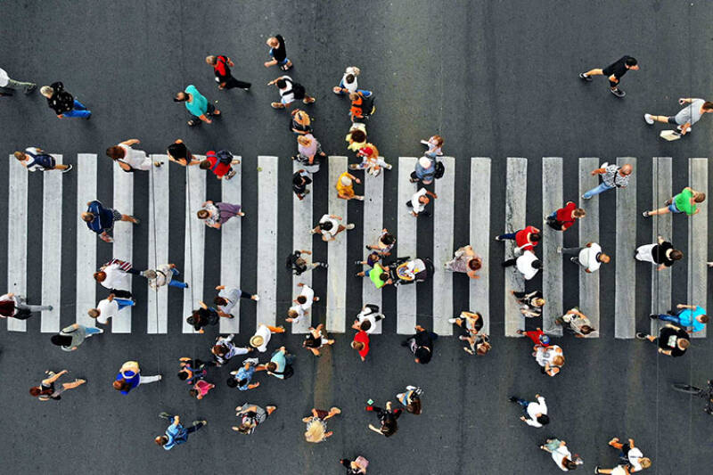 Many people walking over a zebra crossing, seen from above
