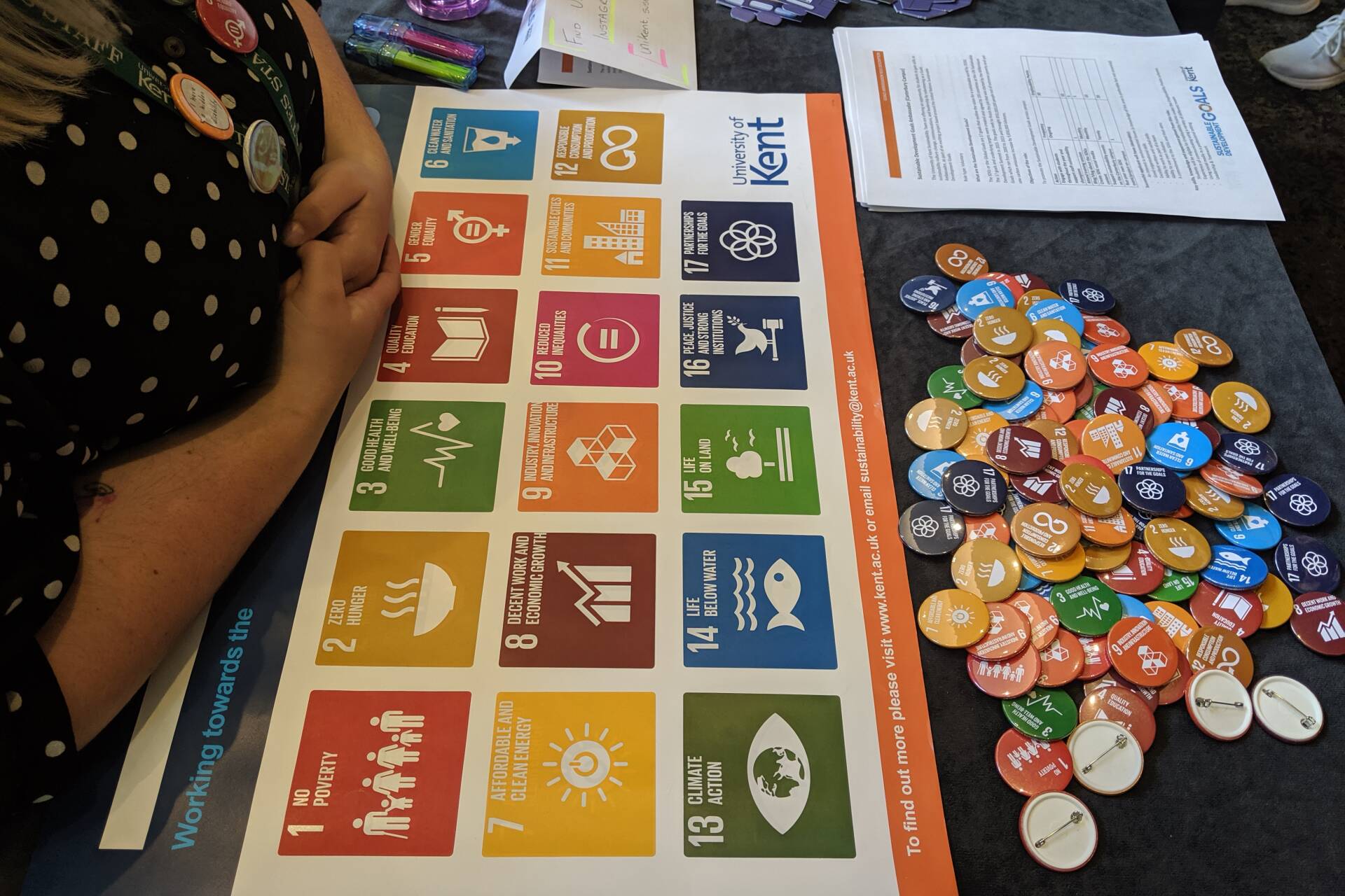 Poster of the SDGs and SDGs badges on a table