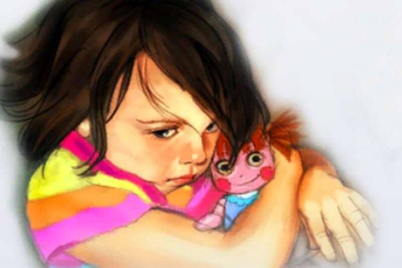 Drawing of young child cuddling a doll