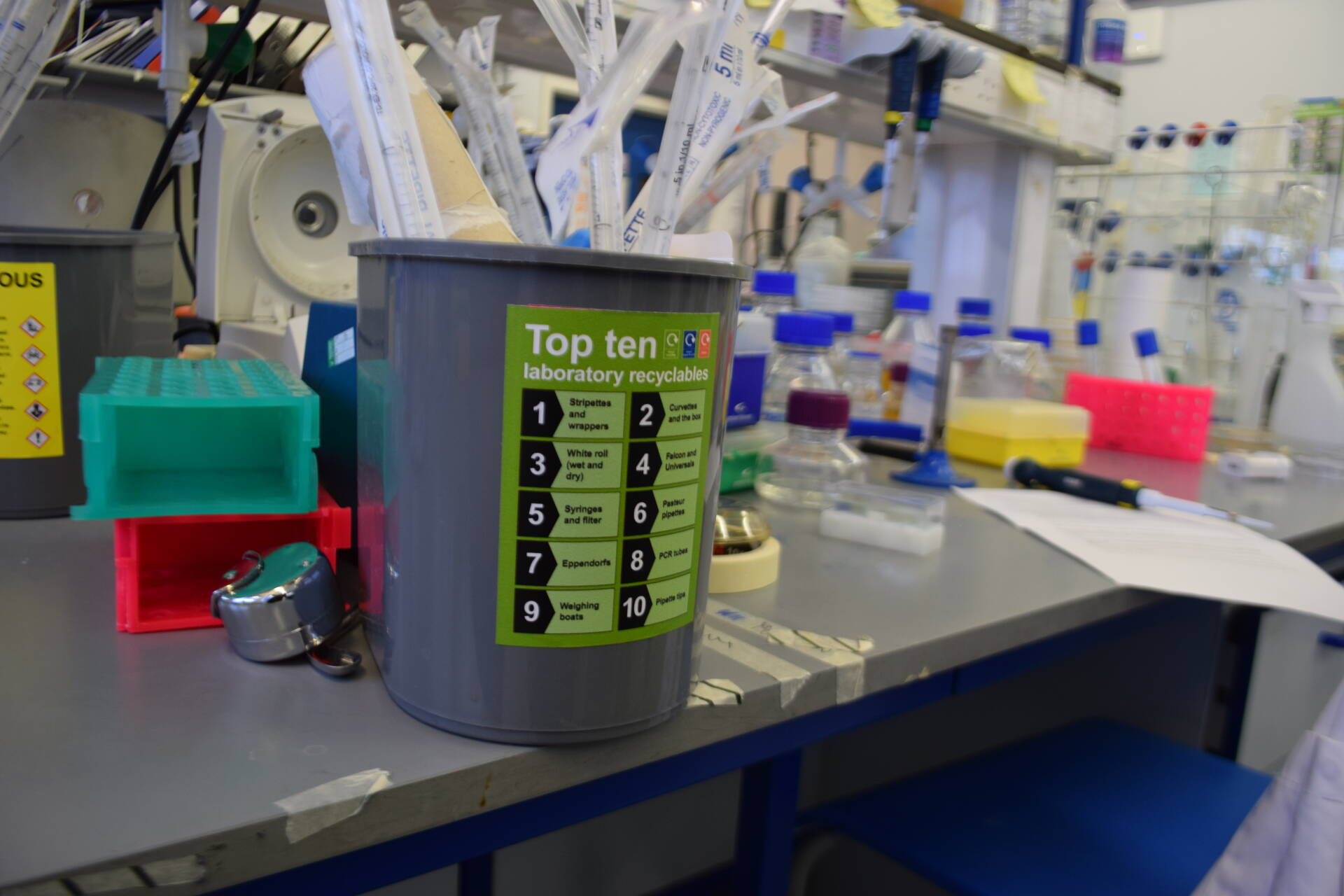 Desktop recycling bin on a lab desk