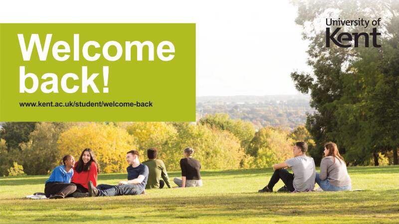 Welcome back plasma sample with image of students sat on lawn at Canterbury campus