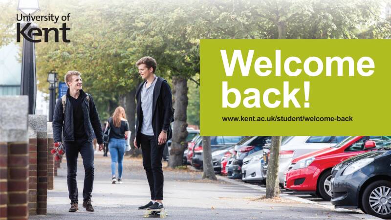 Welcome back plasma sample with students walking and on skate board at Medway campus