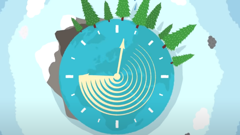 An illustration of the globe with trees and mountains on top of it and countdown clock on the earth