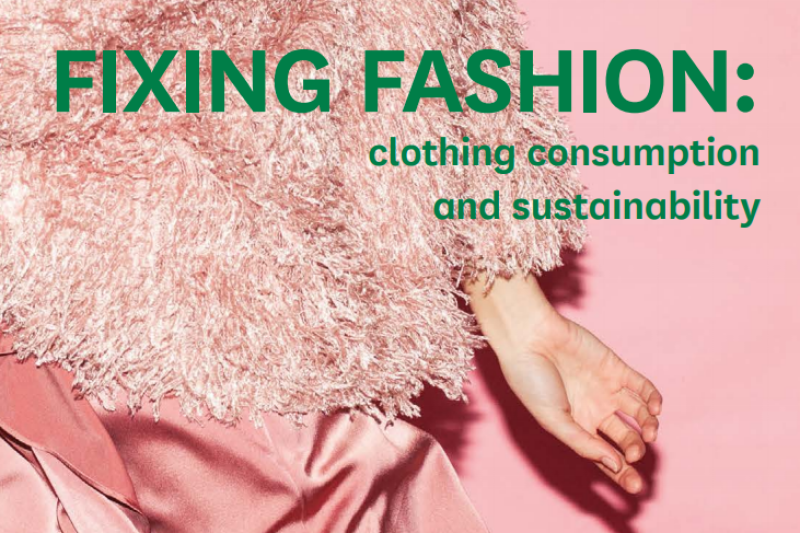 A person in a pink outfits with the title fixing fashion over the image in green