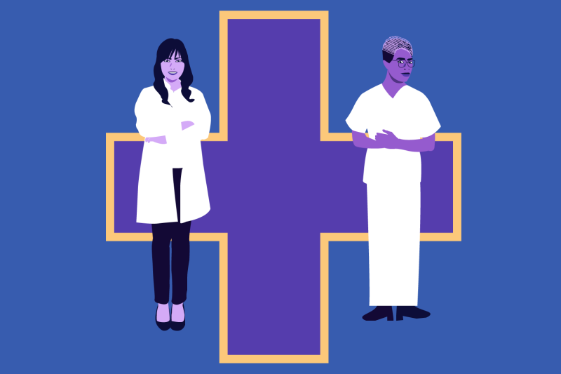 male and female wearing scrubs in front of a medical cross symbol