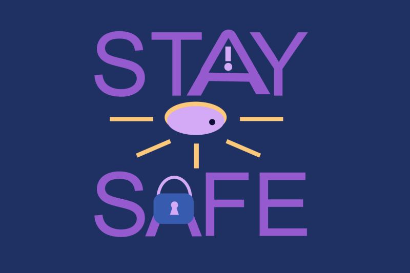 text 'stay safe' with image of an alarm and padlock