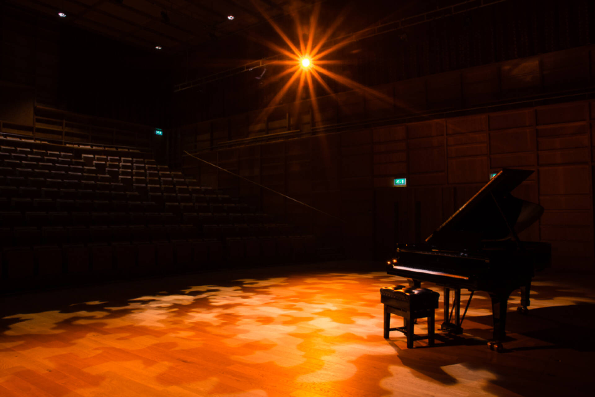 Hall in darkness with a spotlight on a grand piano