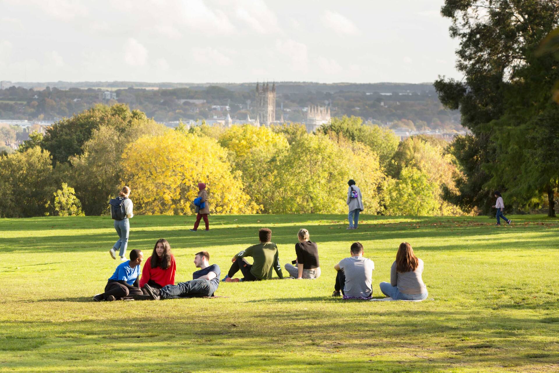 Panoramic view from campus lawns over city of Canterbury towards the Cathedral
