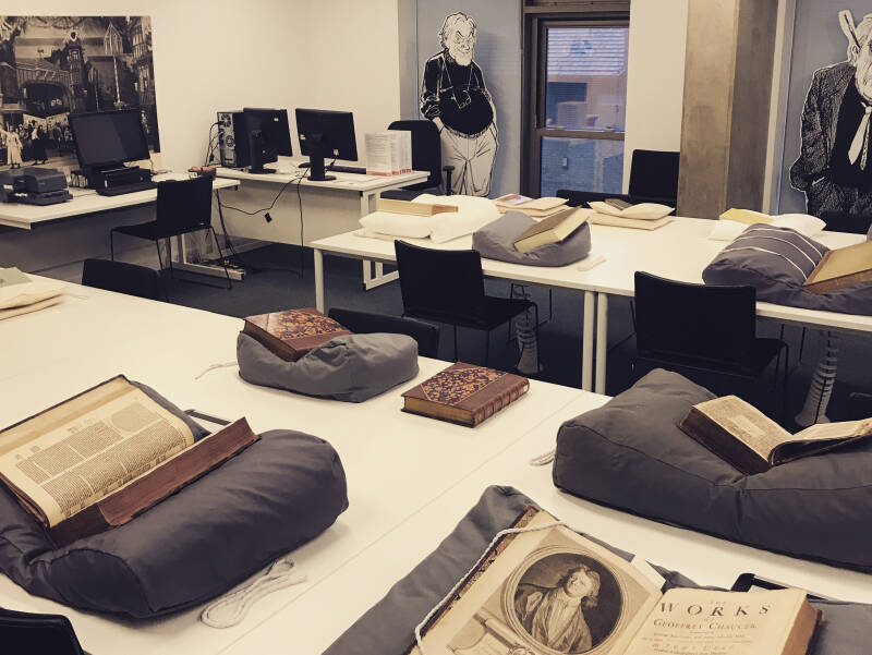 A photograph of our reading room set up for a seminar session, with books from the Pre-1700 collection on display.