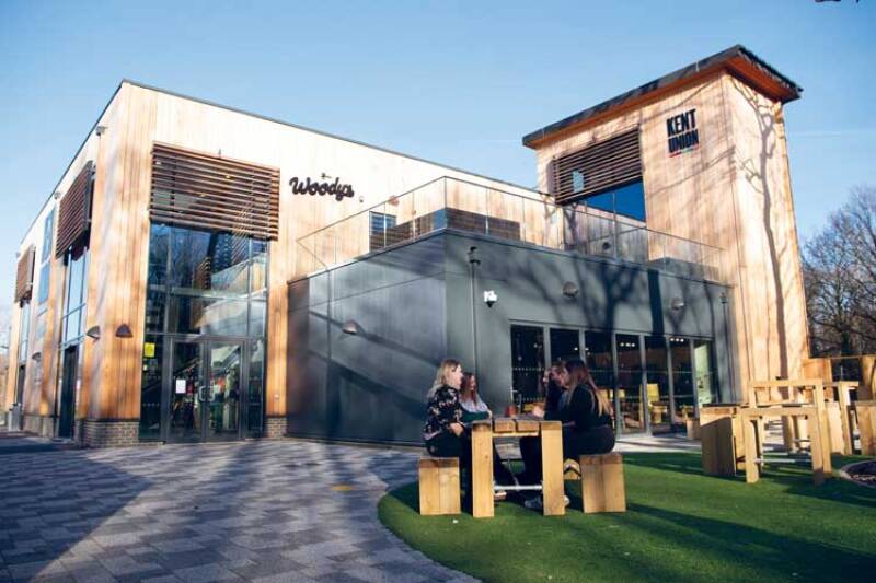 Exterior view of Woody's student hub on the Canterbury campus on a sunny winter day