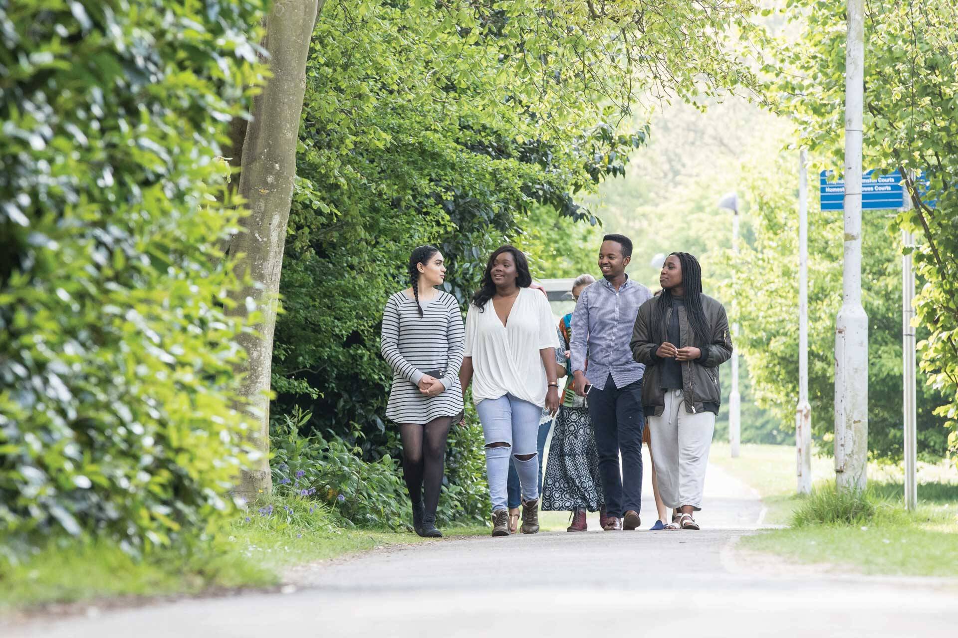 Group of female and male students of mixed ethnicity walking through campus chatting on a sunny summer day