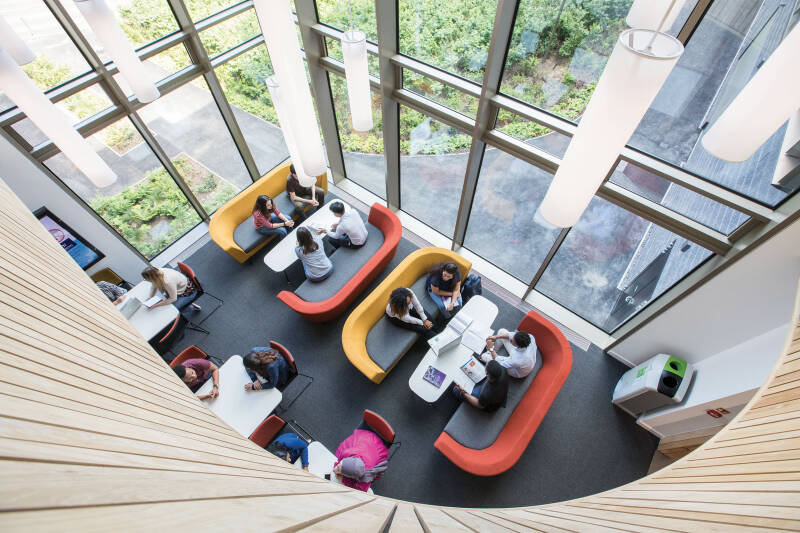 A view down onto students working in the Atrium of the Sibson Building