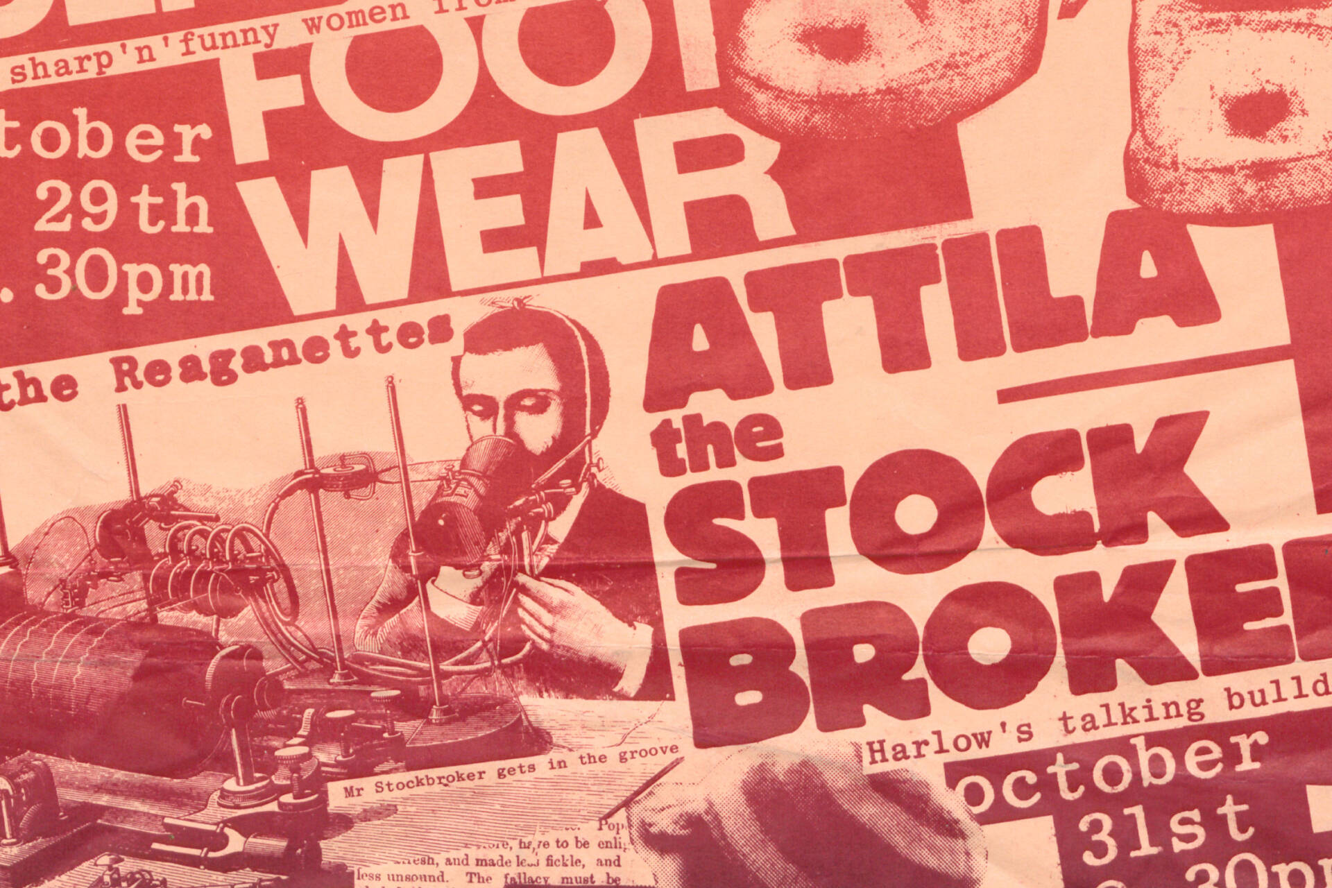 Gig poster for Attila the Stockbroker on October 31st at the Man in the Moon, Norfolk St., Cambridge.