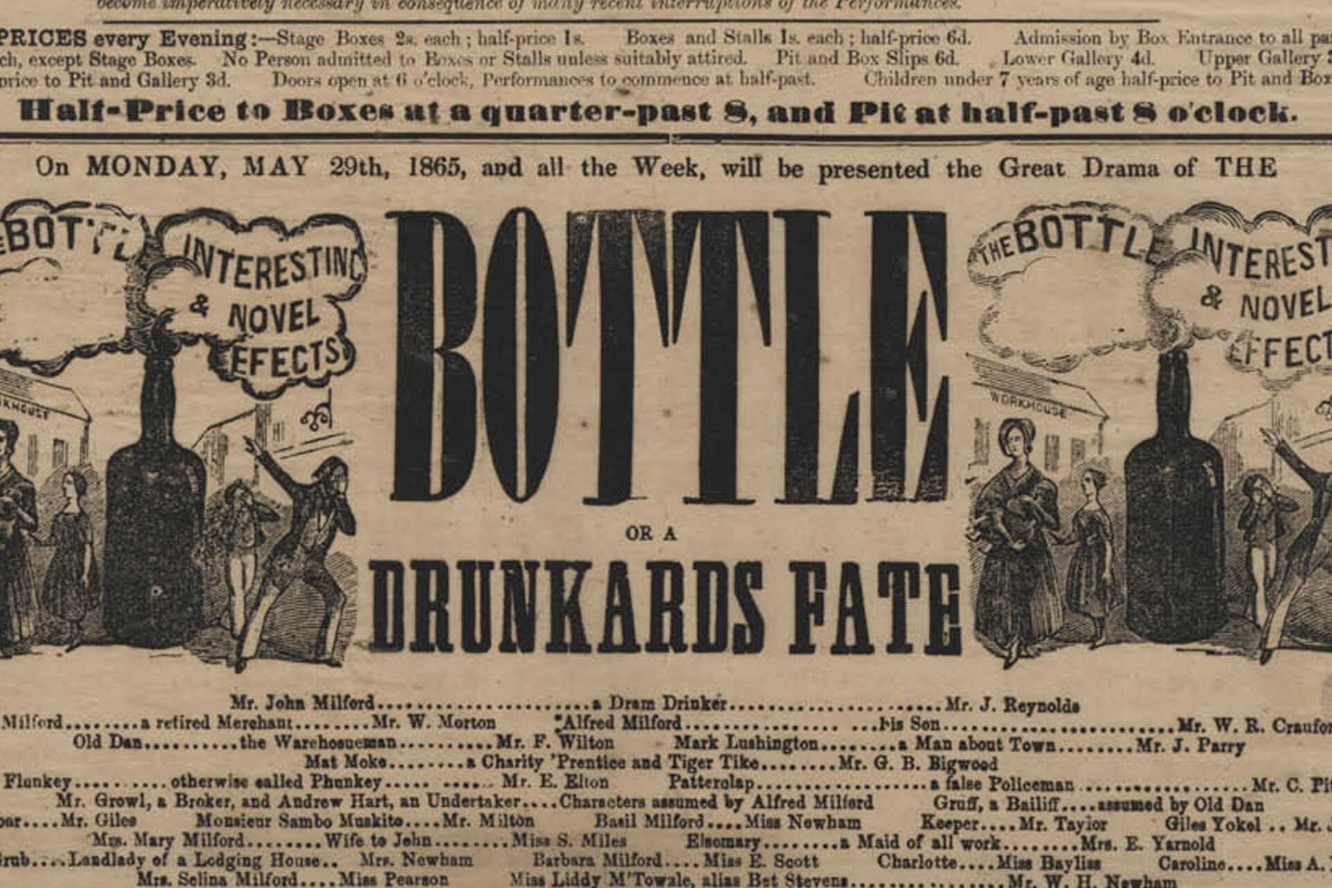 Playbill advertising Bottle, Beauty and The Beast and Charlotte Corday at The Britannia Theatre 29th May 1865.