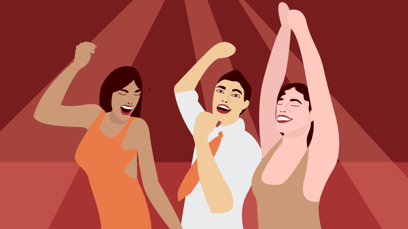 Three happy individuals dancing and celebrating.