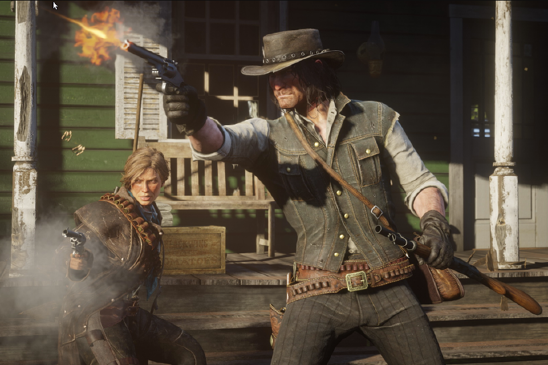 Man wearing cowboy hat fires gun, female beside him holds smoking gun