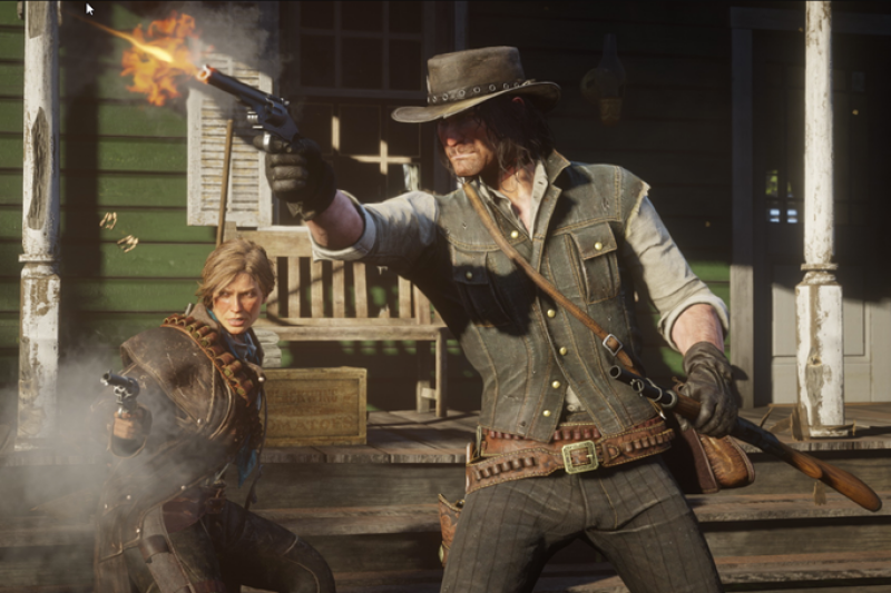 Digital image of a cowboy firing a gun, beside female shooter