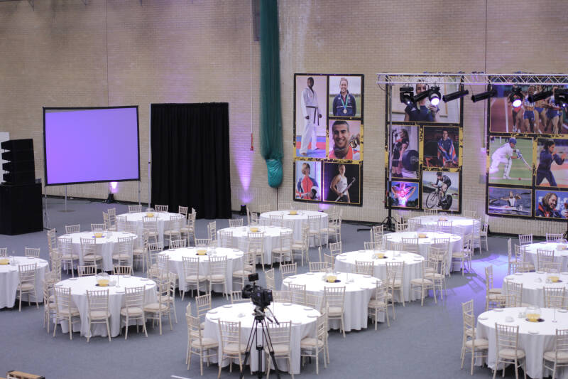 Sprts Hall 1 set up for a banquet dinner