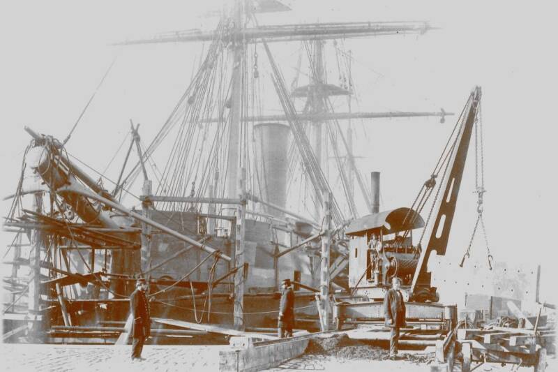 Early 20th Century, photo in sepia,  Ship at Chatham Dockyard