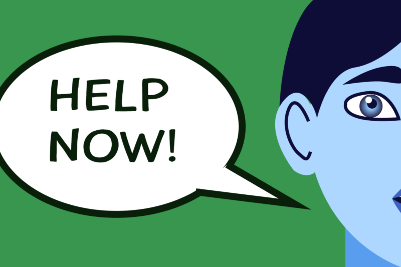'Help Now' written in a speech bubble with a cartoon face to the side, showing only half.