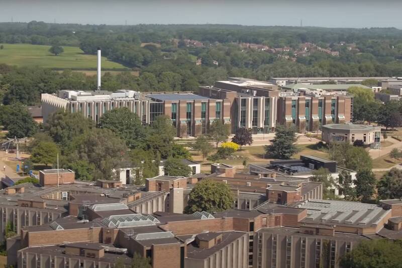 Aerial view of the Canterbury campus - focusing on the Templeman Library