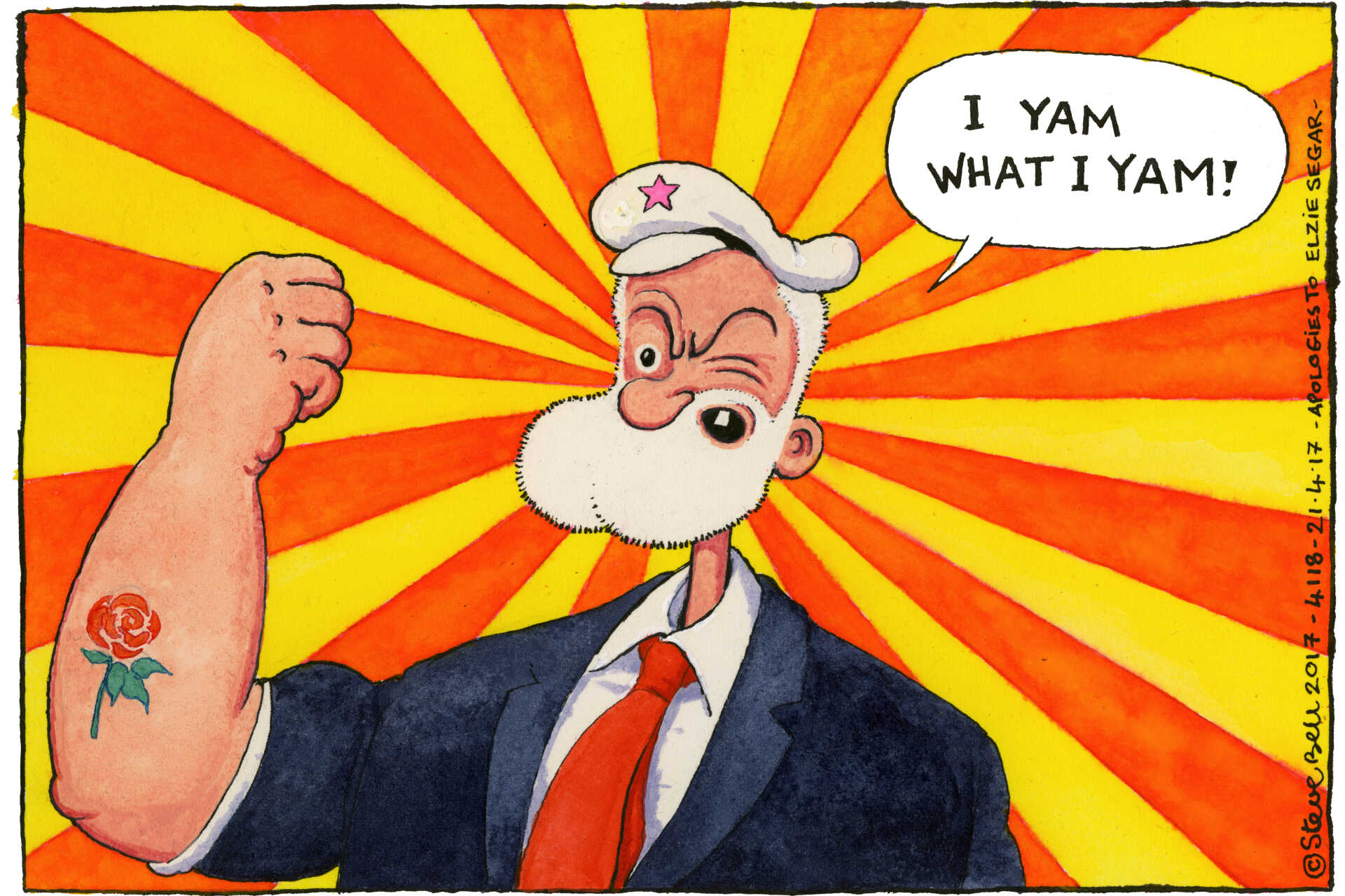 Cartoon "I yam what I yam!" by Steve Bell, 21 Apr 2017, published in the Guardian. Depicting Jeremy Corbyn as Popeye.