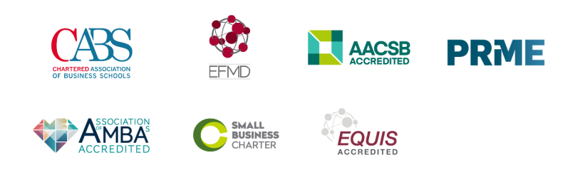 Accreditation logos: Chartered Association of Business Schools, AACSB, EFMD, PRIME, AMBA Accredited, Small Business Charter