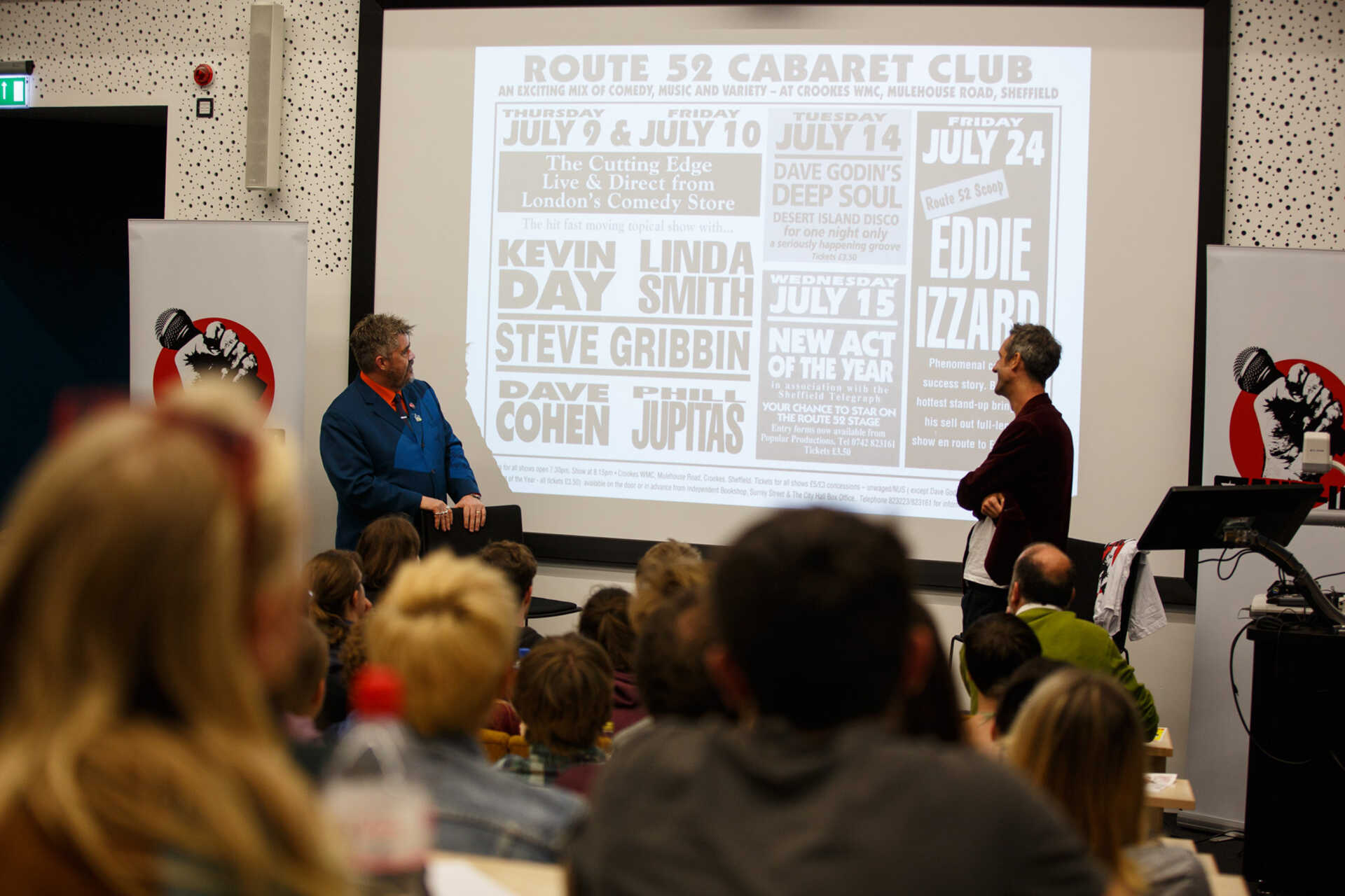 photograph of an event '	Phill Jupitus in conversation with Oliver Double' at the Univeristy of Kent.